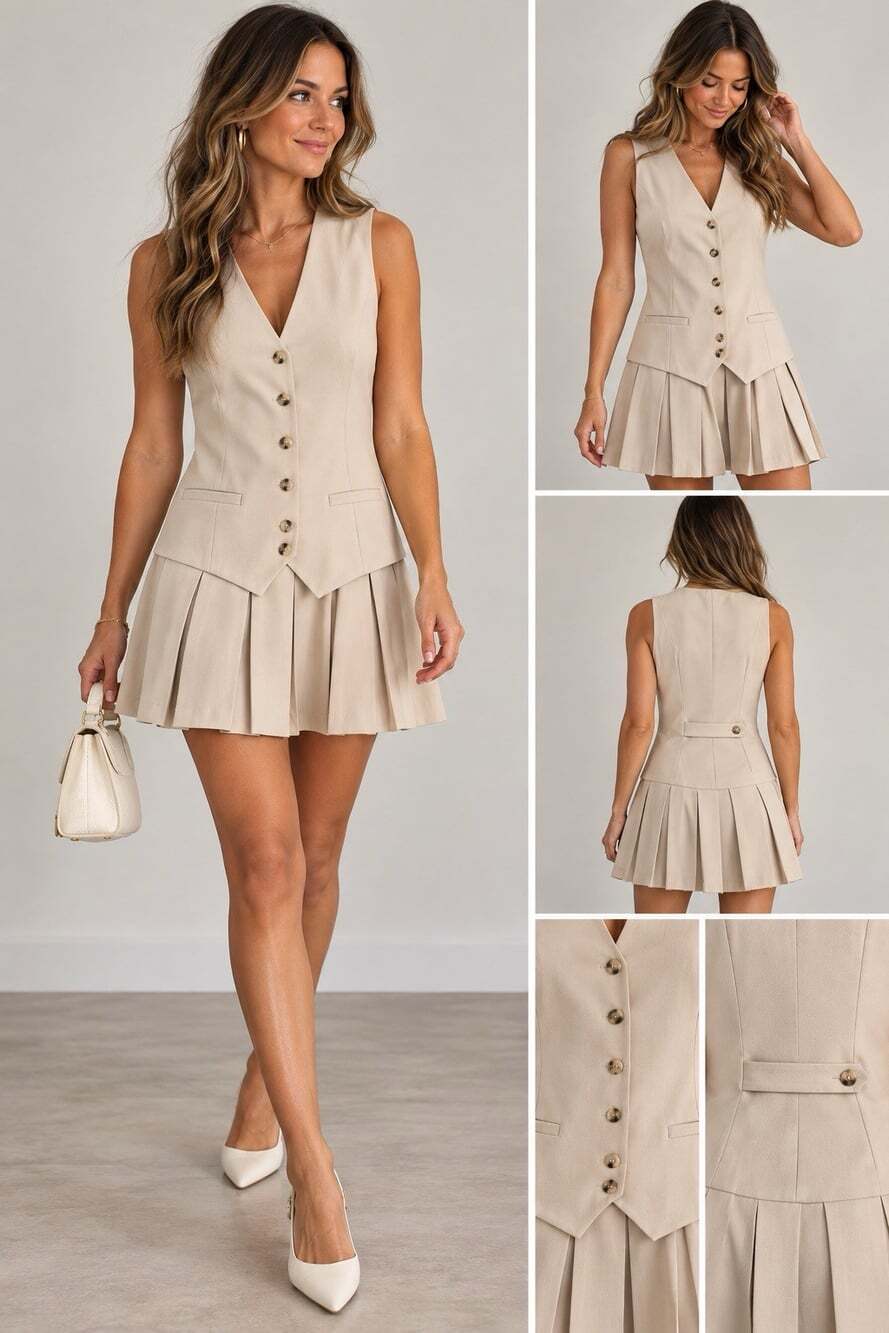 NWT Zara Beige Tailored Vest Pleated Mini Dress Size L